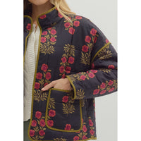 Entro - Botanical Print Quilted Jacket - Black