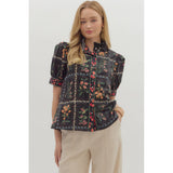 Entro - Floral Print Button Front Blouse - Black