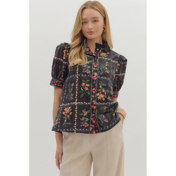 Entro - Floral Print Button Front Blouse - Black