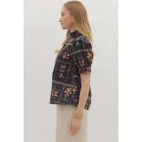 Entro - Floral Print Button Front Blouse - Black