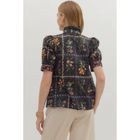 Entro - Floral Print Button Front Blouse - Black