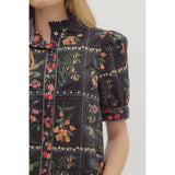Entro - Floral Print Button Front Blouse - Black