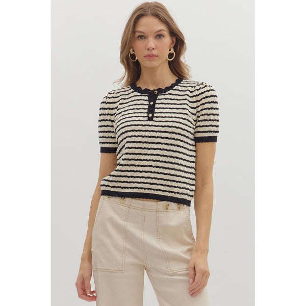 Entro - Striped Short Sleeve Pointelle Sweater - Black