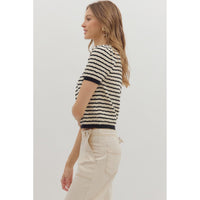 Entro - Striped Short Sleeve Pointelle Sweater - Black
