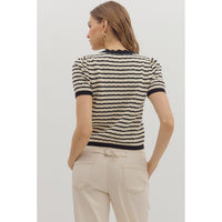 Entro - Striped Short Sleeve Pointelle Sweater - Black