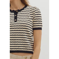 Entro - Striped Short Sleeve Pointelle Sweater - Black