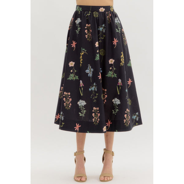 Entro - Floral Print Midi Skirt With Pockets - Black