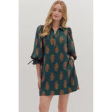 Entro - Floral Print Puff Sleeve Mini Dress featuring Drawstring Tie at Cuffs and Back - Hunter Green