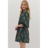 Entro - Floral Print Puff Sleeve Mini Dress featuring Drawstring Tie at Cuffs and Back - Hunter Green