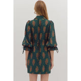 Entro - Floral Print Puff Sleeve Mini Dress featuring Drawstring Tie at Cuffs and Back - Hunter Green