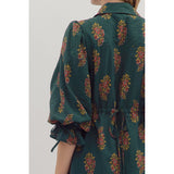 Entro - Floral Print Puff Sleeve Mini Dress featuring Drawstring Tie at Cuffs and Back - Hunter Green