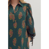 Entro - Floral Print Puff Sleeve Mini Dress featuring Drawstring Tie at Cuffs and Back - Hunter Green