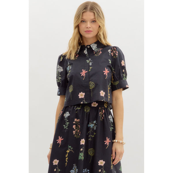 Entro - Floral Print Puff Sleeve Waist Length Top - Black