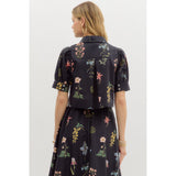 Entro - Floral Print Puff Sleeve Waist Length Top - Black