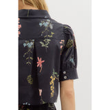 Entro - Floral Print Puff Sleeve Waist Length Top - Black