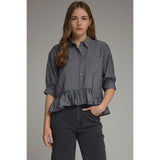Entro - Gingham Collared Elbow Sleeve Top - Navy