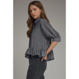 Entro - Gingham Collared Elbow Sleeve Top - Navy