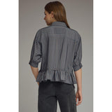 Entro - Gingham Collared Elbow Sleeve Top - Navy