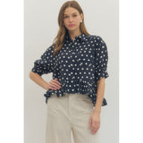 Entro - Polka Dot Blouse with Riffle Hem - Navy