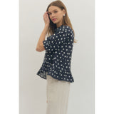 Entro - Polka Dot Blouse with Riffle Hem - Navy