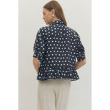 Entro - Polka Dot Blouse with Riffle Hem - Navy