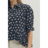 Entro - Polka Dot Blouse with Riffle Hem - Navy