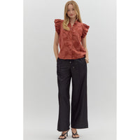 Entro - Solid Cotton Floral Flutter Top - Chestnut