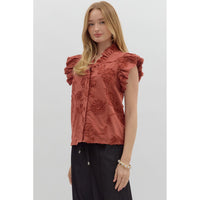 Entro - Solid Cotton Floral Flutter Top - Chestnut