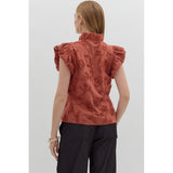 Entro - Solid Cotton Floral Flutter Top - Chestnut