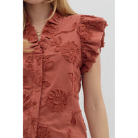 Entro - Solid Cotton Floral Flutter Top - Chestnut