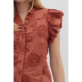 Entro - Solid Cotton Floral Flutter Top - Chestnut