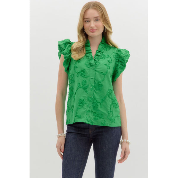 Entro - Solid Cotton Floral Flutter Top - Green