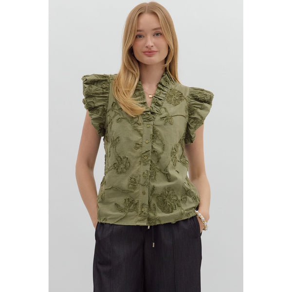Entro - Solid Cotton Floral Flutter Sleeve Top - Olive