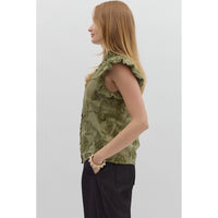 Entro - Solid Cotton Floral Flutter Sleeve Top - Olive