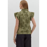 Entro - Solid Cotton Floral Flutter Sleeve Top - Olive