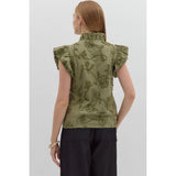 Entro - Solid Cotton Floral Flutter Sleeve Top - Olive