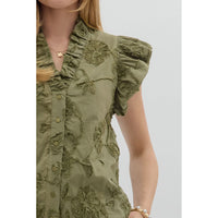 Entro - Solid Cotton Floral Flutter Sleeve Top - Olive