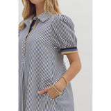 Entro - Striped Puff Sleeve Shirt Dress - Navy