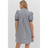 Entro - Striped Puff Sleeve Shirt Dress - Navy