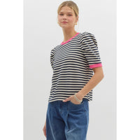 Entro - Striped Pullover Top with Structured Short Sleeves - Navy