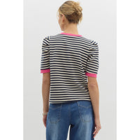 Entro - Striped Pullover Top with Structured Short Sleeves - Navy
