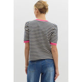 Entro - Striped Pullover Top with Structured Short Sleeves - Navy