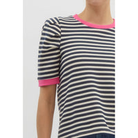 Entro - Striped Pullover Top with Structured Short Sleeves - Navy