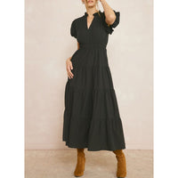 Entro - V Neck Bubble Sleeve Tiered Dress - Black