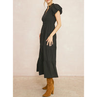Entro - V Neck Bubble Sleeve Tiered Dress - Black