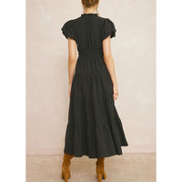 Entro - V Neck Bubble Sleeve Tiered Dress - Black