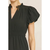 Entro - V Neck Bubble Sleeve Tiered Dress - Black