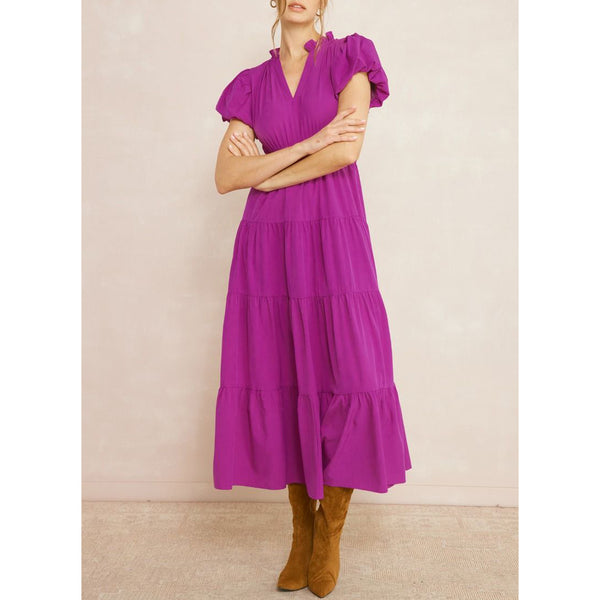 Entro - V Neck Bubble Sleeve Tiered Dress - Violet