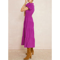 Entro - V Neck Bubble Sleeve Tiered Dress - Violet