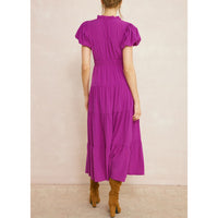 Entro - V Neck Bubble Sleeve Tiered Dress - Violet